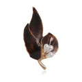 Broche feuille en émail marron vintage avec d'élégantes perles blanches en forme d'eau - Feuille Marron