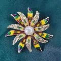 Élégante broche fleur vintage en émail coloré avec centre perle et strass étincelants - Colorful Sunflower