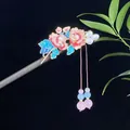 Elegant traditional Chinese style sandalwood hairpin with pink flower enamel and long tassels - Red and Pink Enamel Flower Artificial Pearl Tassel Style (2517)