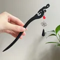 Elegant black sandalwood hairpin with red bead and silver tassel for Hanfu - Ruyi Lock Motif Black Water Drop Dangle Bead Style (6093)