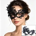 Detailed view of an elegant black lace masquerade mask featuring an intricate phoenix design - One Size / Black