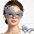 Detailed view of silver lace phoenix masquerade mask with intricate embroidery. - One Size / Stamped Silver