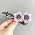 Elegant purple embroidered flower hair clip with dark pearl and rhinestone details - Embroidered Purple Flower Style (F01-023) / Purple