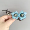 Elegant blue embroidered flower hair clip with grey pearls and rhinestones retro style - Embroidered Blue Flower Style (F01-023) / Blue