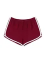 Detailed view of maroon women's athletic shorts with contrast white piping detail. - S / Bottoms / Burgundy