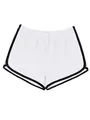 Front view detail of women's white athletic running shorts with black piping trim - S / Bottoms / White