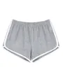 Close-up detail of grey athletic sports shorts with white contrast trim and elastic waist - S / Bottoms / Gray
