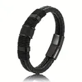 Macro view of men's multi-layer black woven leather bracelet with magnetic clasp - 19cm / Black
