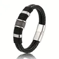 Close-up of a men's braided black leather bracelet with silver stainless steel clasp. - 21cm / Steel