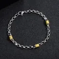 Men's silver-toned stainless steel rolo chain bracelet accented with three gold ribbed beads - Rolo Chain with Gold Beads