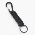 Close-up detail of black paracord survival keychain with heavy-duty metal carabiner - Black