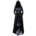 Elegant black Halloween hooded witch dress with skull ghost print for cosplay costume - S / Dresses / Black Printed