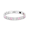 Detailed view of women's silver magnetic bracelet featuring pink crystals and rhinestones - Pink Zirconia / Silver