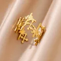 Detailed view of 18K gold plated stainless steel ring with star and cross motifs - Hollow Cross Star Style (9)