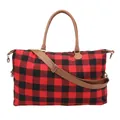 Detailed view of large buffalo plaid canvas weekend travel bag with brown handles. - Black and Red Fuzzy Leopard Print / 22 Inch