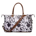 Large cow print canvas travel bag with brown leather-look straps and shoulder strap - Brown Cow / 22 Inch