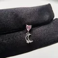 Elegante pendiente de plata con cristal de corazón rosa y colgante de luna creciente - Luz de Luna-Pieza Única (Y162)