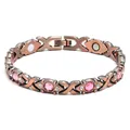 Fashionable adjustable copper-tone magnetic bracelet with pink crystals and rhinestones - Pink Zirconia / Antique Red Copper