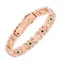 Rose gold magnetic therapy bracelet with green rhinestone flower links for women. - Four-Leaf Clover Rose Gold with White and Green Rhinestones