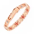 Elegant rose gold magnetic therapy bracelet with red crystal floral links for women. - Four-Leaf Clover Rose Gold with Red Rhinestone