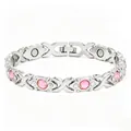 Fashionable silver-toned magnetic energy bracelet for women with pink gems and X-links - Pink Rhinestone Full Magnet Style / Silver