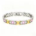Elegant women's magnetic therapy bracelet with pink rhinestones and golden X-links - Pink Rhinestone Full Magnet Style / Two-tone Plating