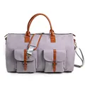 Front view of gray 2-in-1 convertible canvas travel garment bag with leather straps - Canvas Style / Gray