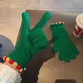 Green knitted warm gloves with cute colorful trim and two-finger touchscreen design. - Two Finger Open Knit Style / Dark Green