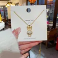 Eleganter vergoldeter Kaninchen-Anhänger Halskette aus Titanstahl für Damen, Korea-Stil - Häschen-Stil mit Strass (X460) / Gold