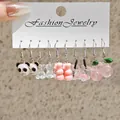 Detailed view of pink resin earring set featuring panda, bear, and bubble tea charms. - Creative Combination Set (Style 1) / 5 Pairs Set
