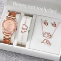 Detailansicht des 5-teiligen roségoldenen Uhren- und Doppelherz-Strass-Schmucksets - Ineinandergreifendes Doppelherz 5-teiliges Set / Roségold