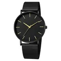 Detail view of a minimalist black mesh strap quartz watch with golden indices. - Black Case Black Dial Gold Index Black Band