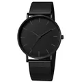 Close-up of minimalist all-black quartz watch with stainless steel mesh strap - Black