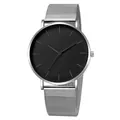 Minimalist silver mesh quartz watch with sleek black dial and slim profile design - Silver Case Black Dial Silver Band