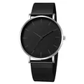 Detailed view of a minimalist black mesh band quartz watch for men and women stylish - Silver Case Black Dial Black Strap