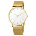 Close-up of minimalist gold mesh strap watch with clean white dial and golden markers. - Gold Case White Dial Gold Strap