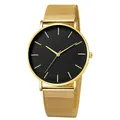 Detailed view of a minimalist gold mesh strap watch with a classic matte black dial - Gold Case Black Dial Gold Band