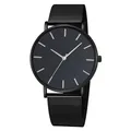 Detailed view of a minimalist black quartz watch with a metal mesh strap and silver indices - Black Case Black Dial Silver Index Black Band