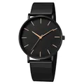 Detailed view of a minimalist black mesh belt quartz watch with rose gold hands - Black Case Black Dial Rose Gold Index Black Band