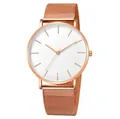 Close-up of minimalist rose gold mesh strap watch with a clean white analog dial face - Rose Gold Case White Dial Rose Gold Strap