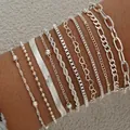 11-teiliges silbernes Armband-Set mit Herz-, Kordel- und Perlendetails für Damen trendy - 11-teiliges Silbernes Minimalistisches Armband-Set (6187001HB) / 11er Pack / Silber