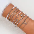 Elegantes 11-teiliges silberfarbenes Armband-Set mit Herzen, Perlen und Strass - 11-teiliges Silbernes Perlen-Herz-Armband-Set (6225702HB) / 11er Pack / Silber