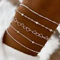 Minimalistisches 5-teiliges silberfarbenes Armband-Set mit Herz- und Perlenketten - 5-teiliges Silbernes Einfaches Europäisches Armband-Set (5912701HB) / 5 Stück / Silber