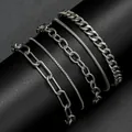 Stilvolles mehrlagiges silbernes Metallarmband-Set mit Panzer-, Schlangen- und Büroklammerketten - 4-teiliges Silbernes Mehrlagiges Kettenarmband-Set (5993101HB) / 4er-Set / Silber