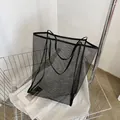 Large black mesh beach bag with handle for swimming toys and shopping organization storage - Black