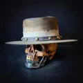 Vintage distressed wool fedora hat with metal rivets displayed on gothic skull prop - L (58-60cm) / Wanderer