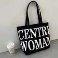 Large capacity black canvas tote bag with white Centre Woman graphic print for women - Black