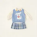 Girls' preppy style three-piece clothing set featuring knitted vest and pleated skirt - Set / Off White / 80