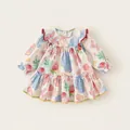 Langärmliges Kleid für Kleinkinder mit buntem Aquarell-Erdbeer- und Schmetterlingsprint - 80 / Kleider / Rosa Blaue Blume