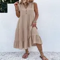 Casual khaki V-neck sleeveless tiered maxi dress for women - S / Dresses / Silver Gray